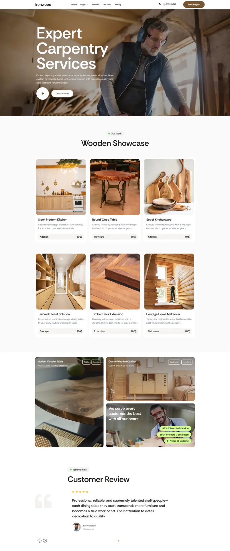 Custom woodworking business website design highlighting handcrafted furniture - web design portfolio by eloire.com.au