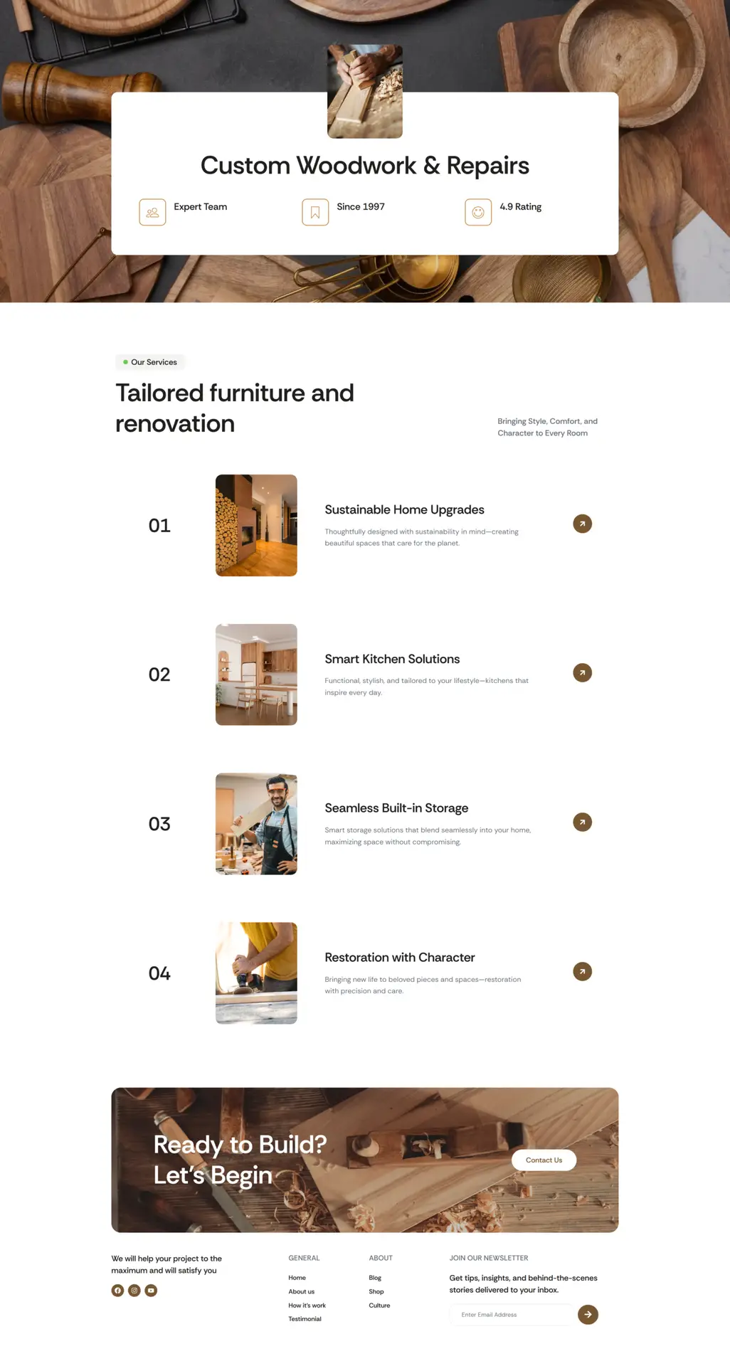 Custom woodworking business website design highlighting handcrafted furniture - web design portfolio by eloire.com.au