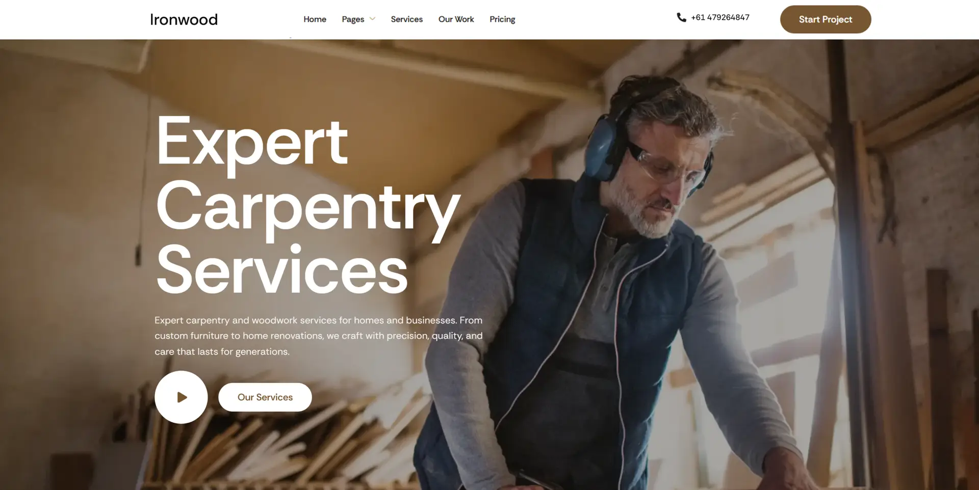 Custom woodworking business website design highlighting handcrafted furniture - web design portfolio by eloire.com.au
